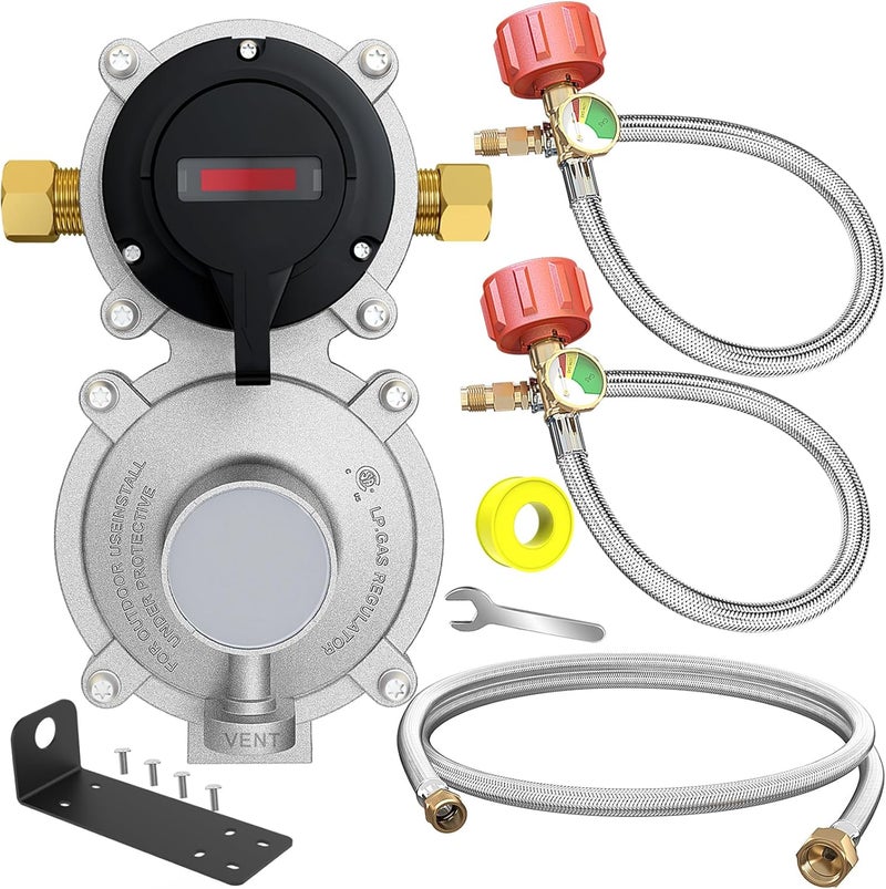 MEFUN 2 Stage Auto Changeover LP Propane Gas Regulator with 2 Pcs 18"RV Pigtail Propane Hose with Gauge and 4FT Stainless Braided Regulator Hose Assemblies Dual Propane Tank Regulator for RVs,Trailers,Campe - Image 1